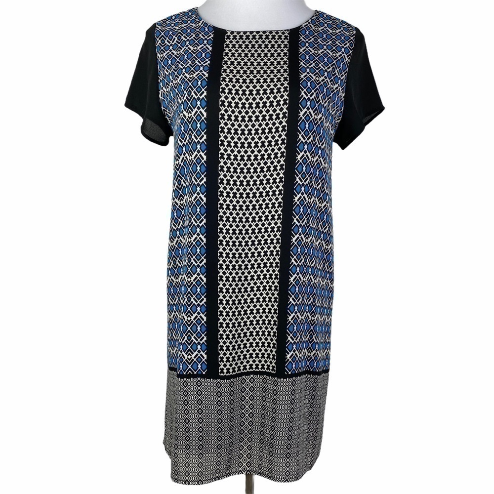 Dina Be Boho Keyhole Knee‎ Length Shift Dress Women's Medium Blue Black Lined